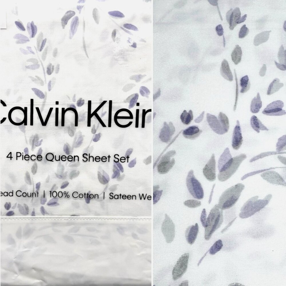 4pc Calvin Klein Purple Gray Airy Botanical Queen Sheet Set White Sateen 300tc